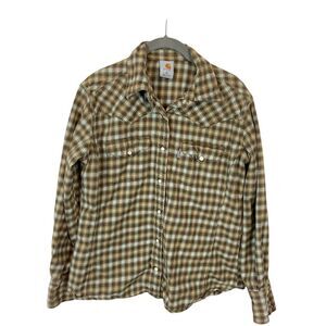Carhartt Shirt Brush Popper Women's Tan Brown Plaid Long Sleeves Collared Size M